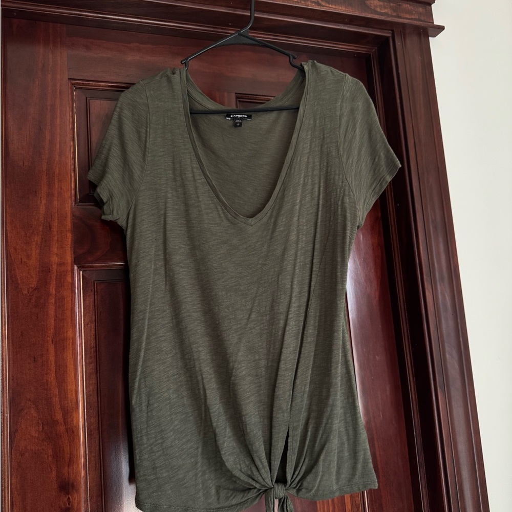 Express Olive Short Sleeve Tie-Front Top
